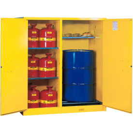 Justrite&#174; Drum Cabinet 115 Gal. Capacity Vertical Manual Close Flammable W/ Drum Rollers