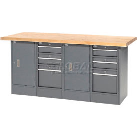 Global Industrial&#153; Workbench w/ Maple Square Edge Top 6 Drawers & 2 Cabinets 72""Wx30""D Gray