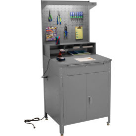 Global Industrial&#153; Cabinet Shop Desk w/ Pegboard Riser & Top Shelf 34-1/2""W x 30""D Gray