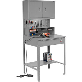 Global Industrial&#153; Flat Surfaced Shop Desk w/ Cabinet & Pegboard 34-1/2""W x 30""D Gray