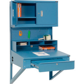 Global Industrial&#153; Wall Mount Shop Desk w/ Pegboard & Cabinet 34-1/2""W x 30""D Blue