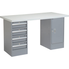 Global Industrial&#153; 60 x 24 Pedestal Workbench 4 Drawers & 1 Cabinet Laminate Square Edge Gray