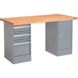 Global Industrial&#153; 60 x 24 Pedestal Workbench - 3 Drawers & 1 Cabinet Maple Square Edge - Gray