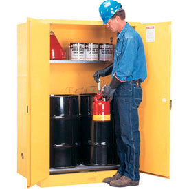 Justrite&#174; Drum Cabinet 60 Gal. Capacity Vertical Manual Close Flammable W/ Drum Rollers