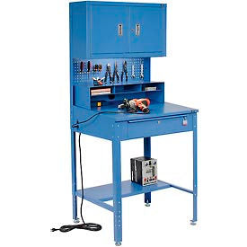 Global Industrial&#153; Sloped Shop Desk w/ Pegboard Riser & Cabinet 34-1/2""W x 30""D Blue