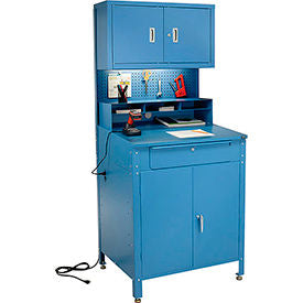 Global Industrial&#153; Cabinet Shop Desk w/ Pegboard & Upper Cabinet 34-1/2""W x 30""D Blue