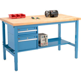 Global Industrial™ 72 x 36 Production Workbench - Birch Square Edge - Drawers & Shelf - Blue