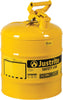 Justrite 5 Gallon 400-7150200 Type I Safety Can, Galvanized Steel, Yellow, 7150200 Pack of 1