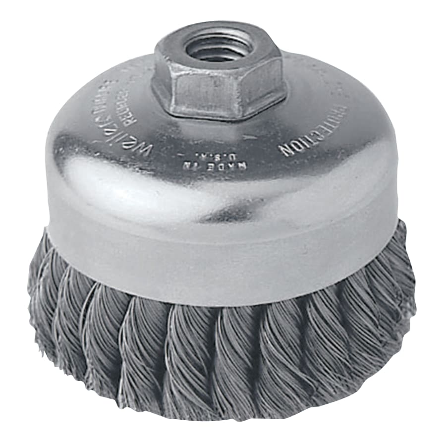Weiler Single Row Heavy-Duty Knot Wire Cup Brush, 4 in dia, 5/8-11 UNC, 0.014 Steel Wire