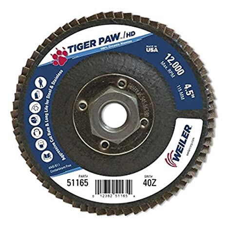 Weiler 51165 Tiger Paw XHD Super High-Density Abrasive Flap Disc, Type 27 Flat Style, Phenolic Backing, Zirconia Alumina, 4-1/2" Diameter, 5/8"-11 Arbor, 40 Grit, 12000 RPM, (Pack of 10)