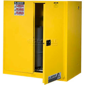 Justrite&#174; Drum Cabinet 60 Gal. Capacity Vertical Self Close Hazmat Flammable W/ Drum Rollers