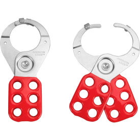 Master Lock&#174; ALO802 Safety Hasp 1-1/2"" diameter steel jaws with locking tabs Red