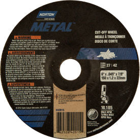 Norton 66252842015 Metal Right Angle Cut-Off Wheel 6"" x .040"" x 7/8"" 60 Grit Aluminum Oxide Type 27
