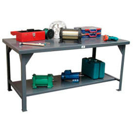 StrongHold Standard Workbench W/ Shelf Steel Square Edge 84""W x 36""D Gray