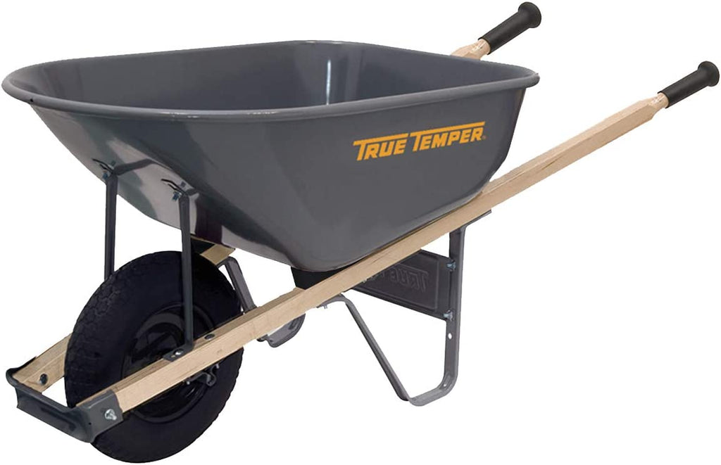 True Temper 6 Cu. Ft Steel Tray Wheelbarrow with Never Flat Tire & Hardwood Handles - Gray