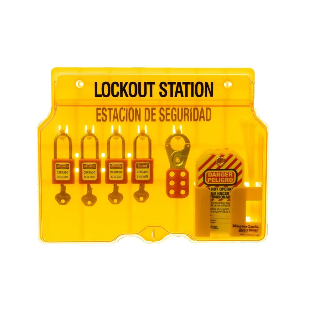 Master Lock 1482BP410 Covered Lockout Tagout Station with 4 Zenex Thermoplastic Padlocks, Yellow