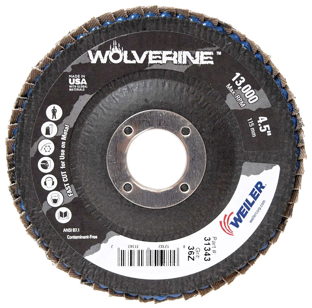 Weiler 31343 Wolverine Arbor Hole Abrasive Flap Disc 36 Grit Zirconia Alumina Bevel Type 29 Phenolic Backing Standard Density Pack of 1