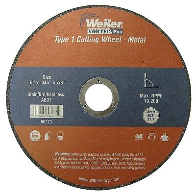 Weiler 804-56273 Aluminium Oxide Cutoff Wheel - 60 Grit Fine Grade, 6" x .045", Pack of 1